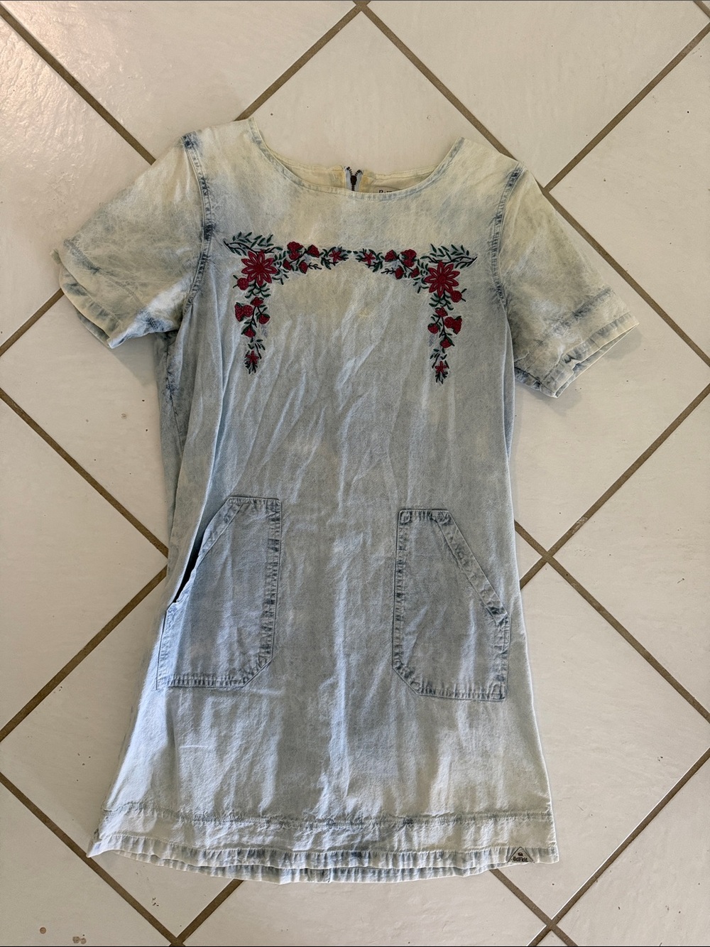 Light Denim dress with Red Floral Embroidery